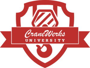 Red CraneWerks University Logo for training with crane hook, shield, and ribbon