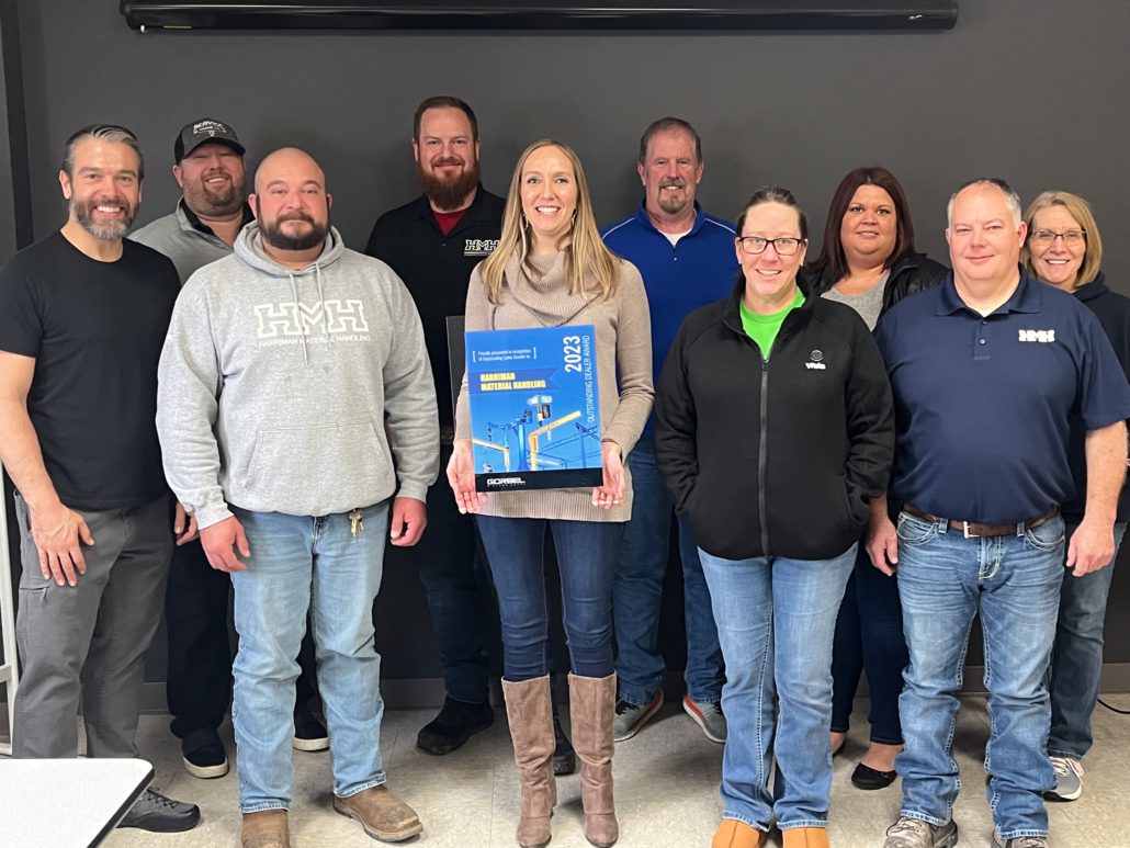 (L to R): John Applegate, Mark Drake, Matt Bonanni, Matt Riddle, Ashley Larochelle, Brad Tollison, Misty Sprague, Kaileigh Moore, Eric Cathcart, & Lisa Burton of Harriman Material Handling accepting the 2023 Outstanding Dealer Award from Gorbel